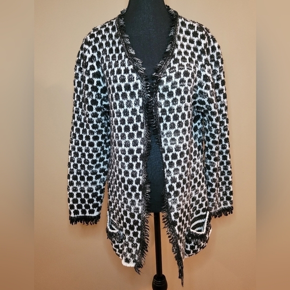 KEREN HART Cardigan, Black and White with Fringe Detail, Size Medium - Picture 2 of 12